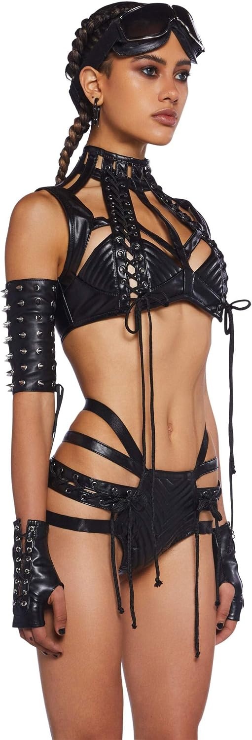 image:imageDolls Kill Rude Awakening Harness Bra Top by Club Exx Vegan Leather LaceUp Cropped Fit for Festivals and RavesBlack