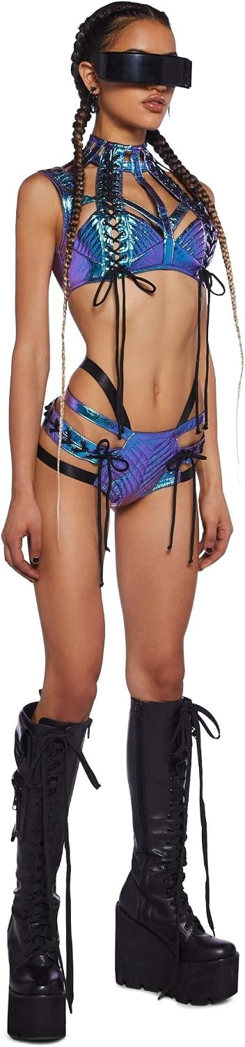 image:imageDolls Kill Rude Awakening Harness Bra Top by Club Exx Vegan Leather LaceUp Cropped Fit for Festivals and RavesBlue