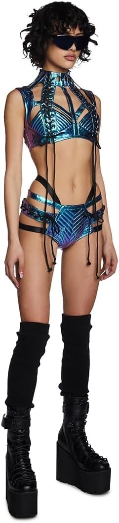 image:imageDolls Kill Rude Awakening Harness Bra Top by Club Exx Vegan Leather LaceUp Cropped Fit for Festivals and RavesBlue