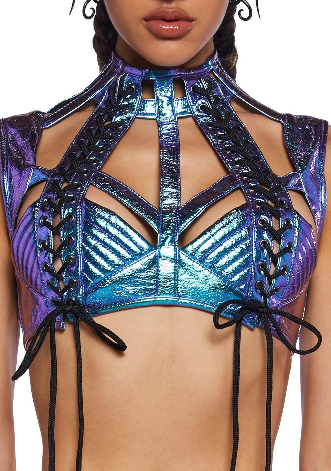 image:imageDolls Kill Rude Awakening Harness Bra Top by Club Exx Vegan Leather LaceUp Cropped Fit for Festivals and RavesBlue