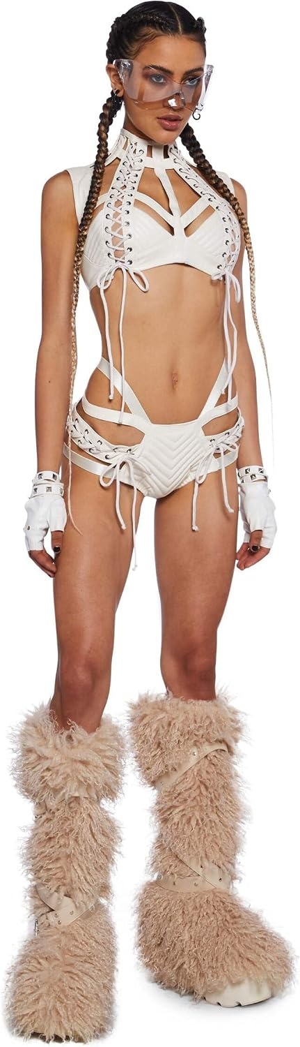 image:imageDolls Kill Rude Awakening Harness Bra Top by Club Exx Vegan Leather LaceUp Cropped Fit for Festivals and RavesWhite