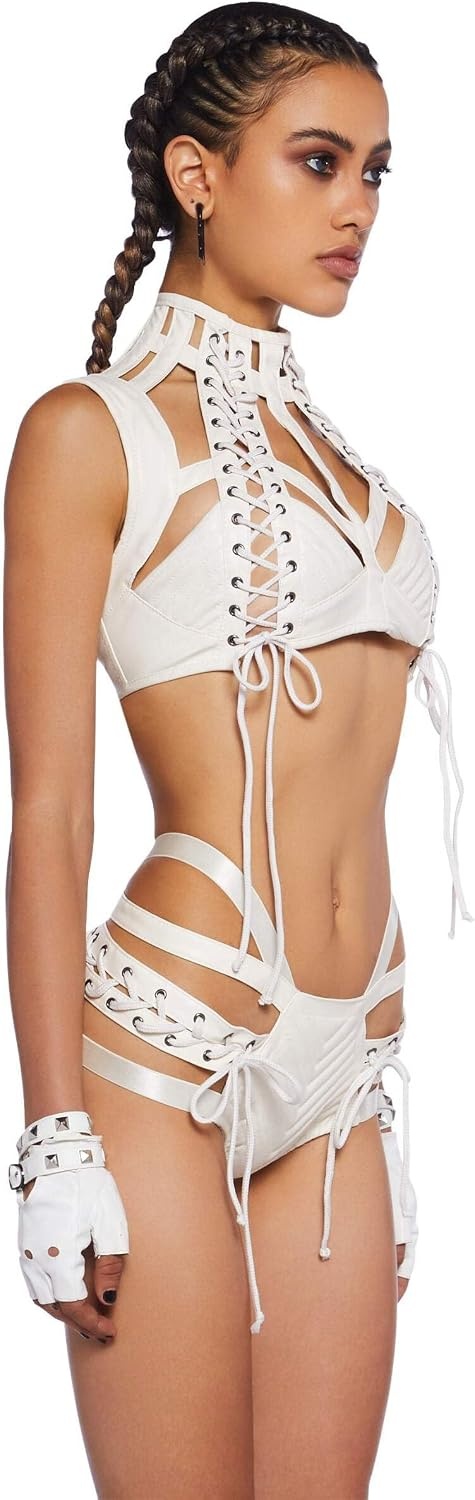 image:imageDolls Kill Rude Awakening Harness Bra Top by Club Exx Vegan Leather LaceUp Cropped Fit for Festivals and RavesWhite