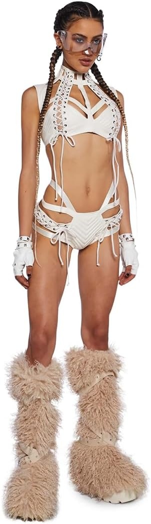 image:imageDolls Kill Rude Awakening Harness Bra Top by Club Exx Vegan Leather LaceUp Cropped Fit for Festivals and RavesWhite
