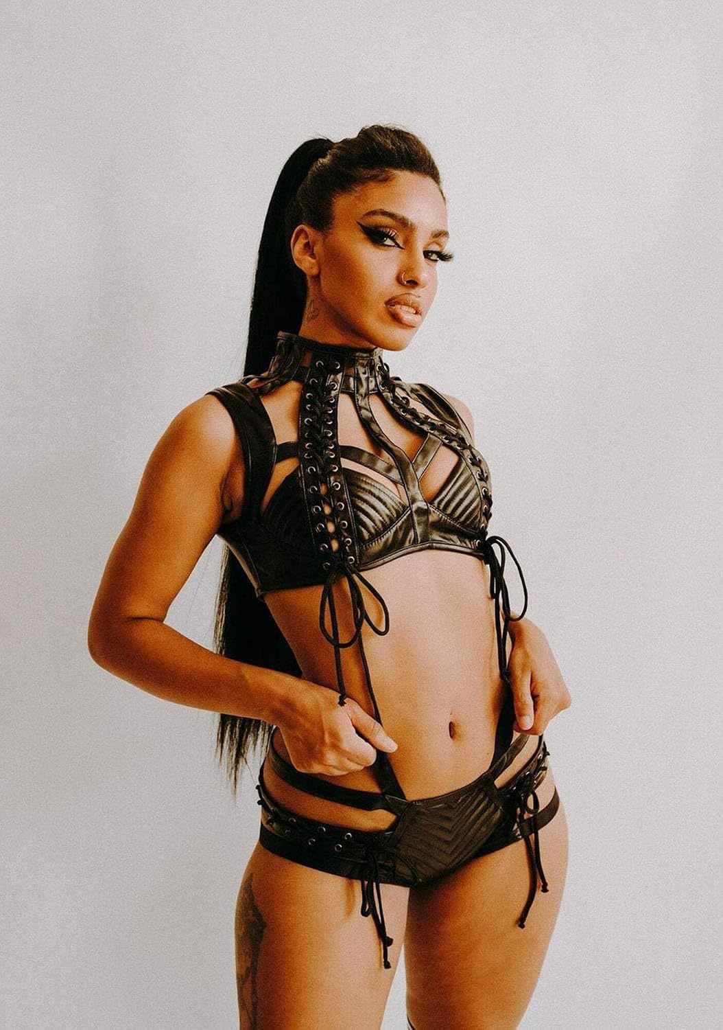 image:imageDolls Kill Rude Awakening LaceUp Shorts by Club Exx Vegan Leather LaceUp Comfortable Fit for Festivals amp RavesBlack