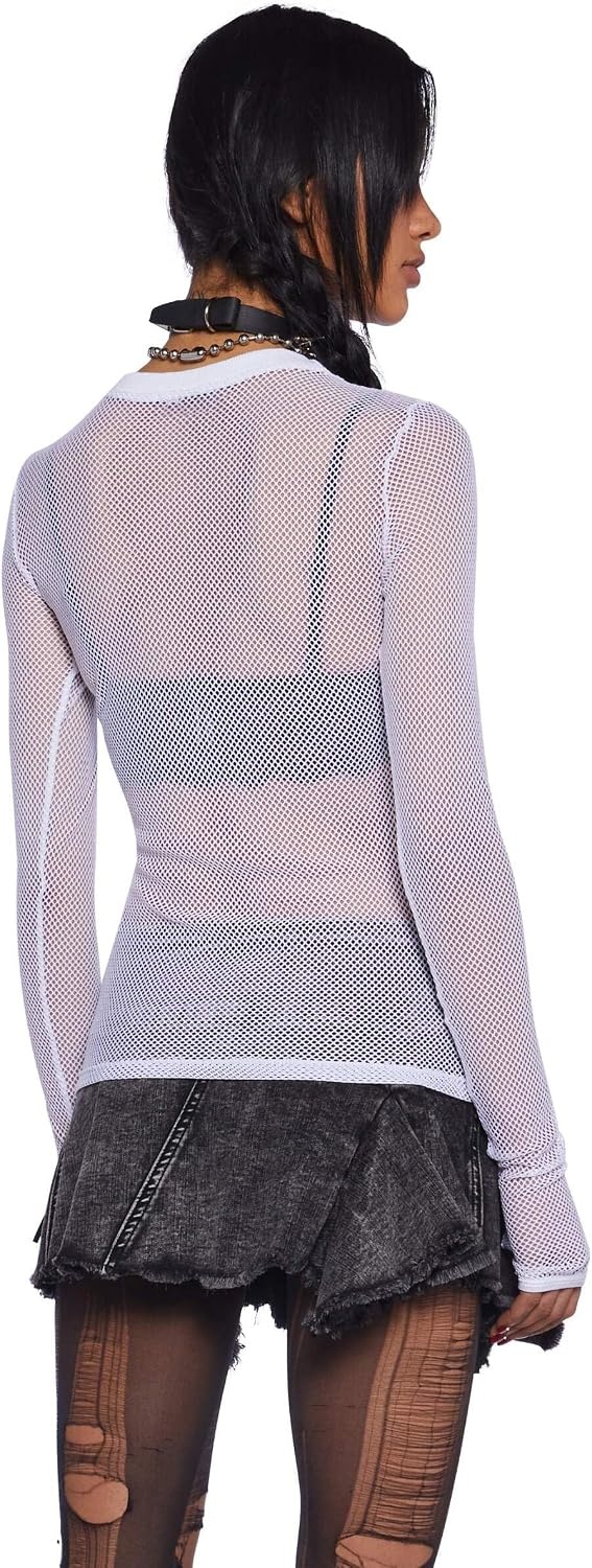 image:imageDolls Kill See Thru Me Fishnet Top by Current Mood Stretchy Long Sleeve Fishnet Top with Thumbhole Cuffs for Edgy FashionWhite