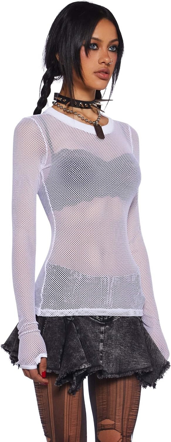 image:imageDolls Kill See Thru Me Fishnet Top by Current Mood Stretchy Long Sleeve Fishnet Top with Thumbhole Cuffs for Edgy FashionWhite