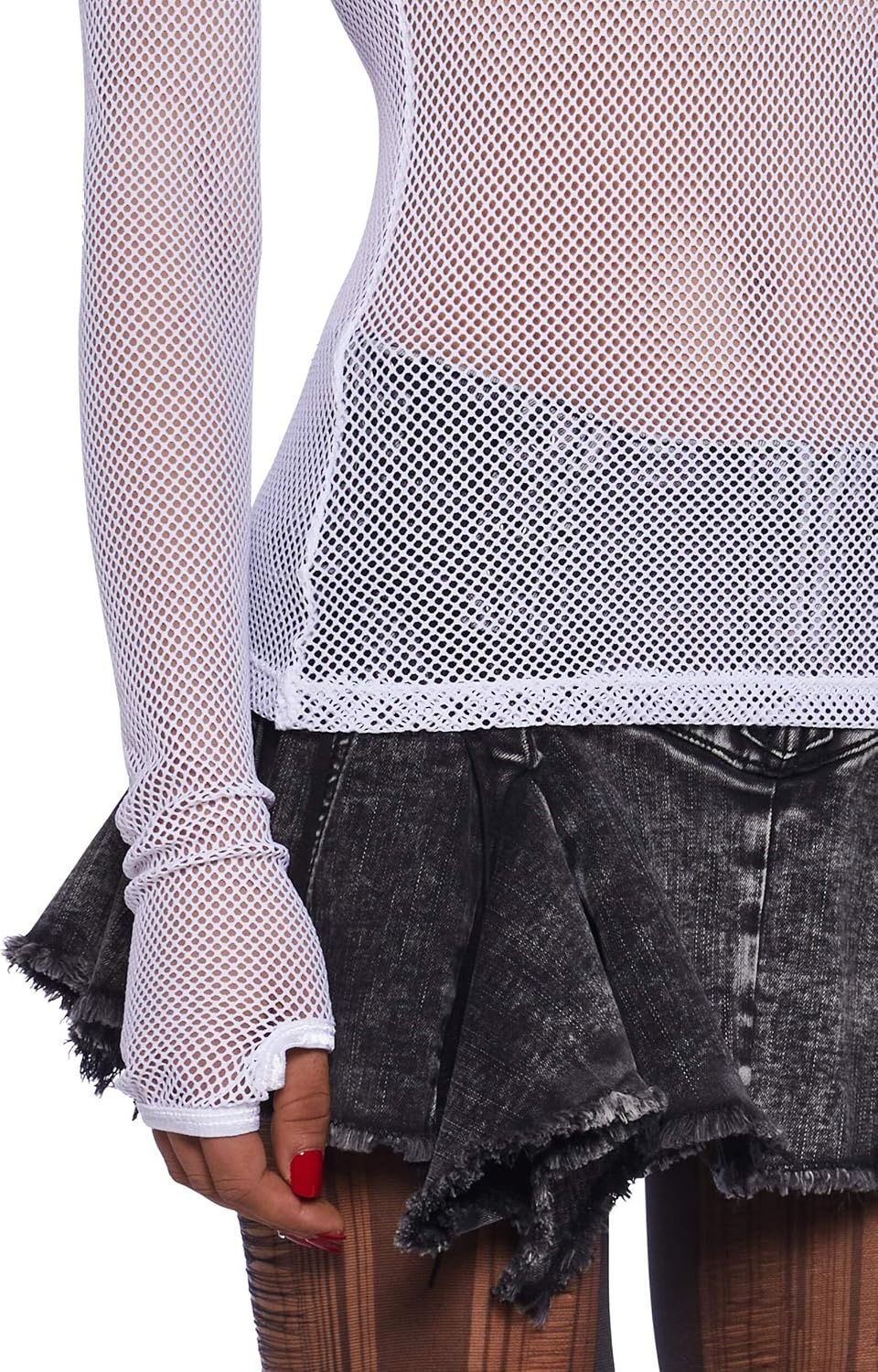 image:imageDolls Kill See Thru Me Fishnet Top by Current Mood Stretchy Long Sleeve Fishnet Top with Thumbhole Cuffs for Edgy FashionWhite