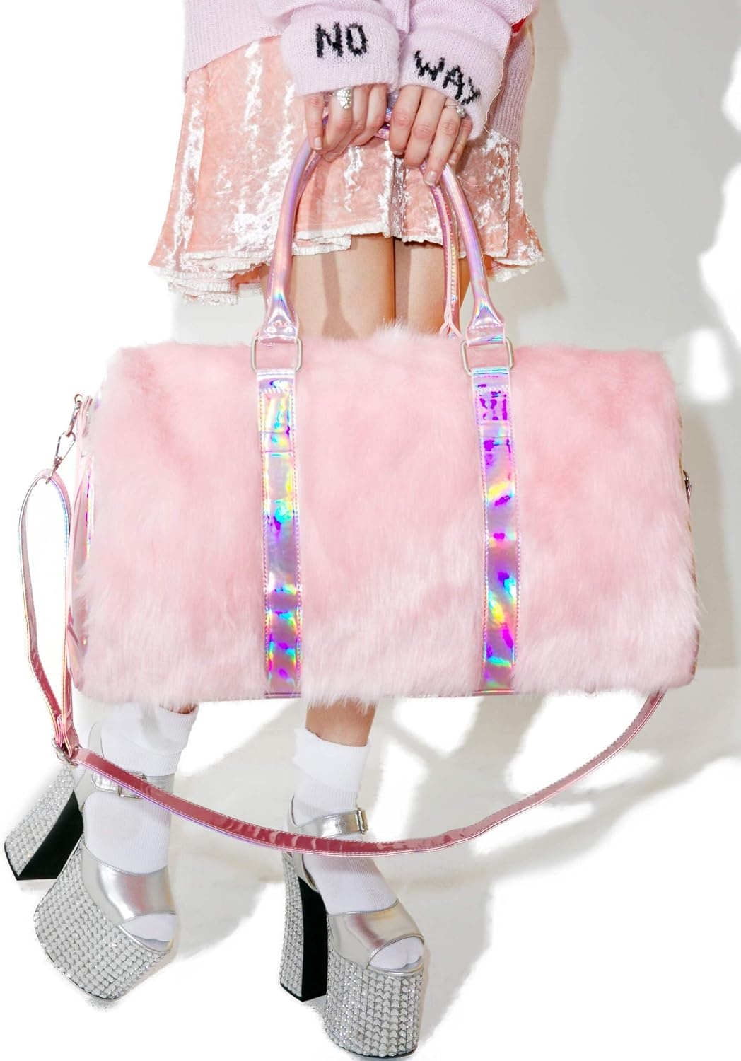 image:imageDolls Kill Shagadelic Weekender by Sugar Thrillz Pink Faux Fur Bag With Adjustable Straps Perfect for TravelPink