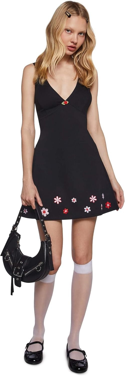 image:imageDolls Kill So Yesterday Mini Dress by Delias 90sInspired VNeck Mini Dress with Rosette Detail and Floral EmbroideryBlack