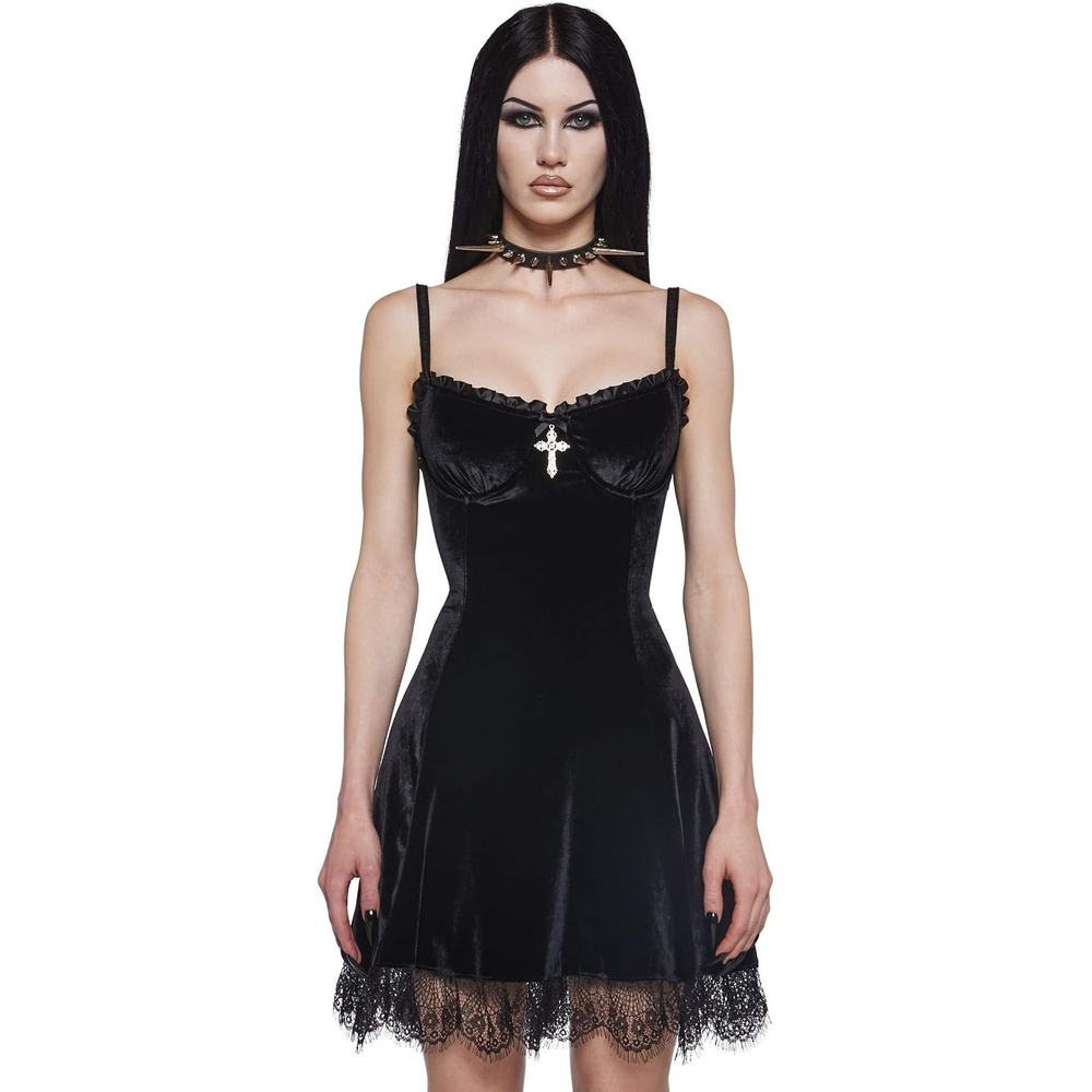 image:imageDolls Kill Blind Faith Velvet Dress by Widow Velvet Mini Dress with Lace Trim and Cross Design for Dark Romantic FashionMidnight