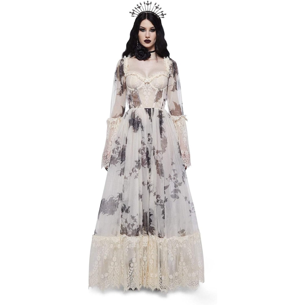 image:imageDolls Kill Dance with Death Maxi Dress by Widow Sheer Mesh Dress Perfect for Whimsy Goth FashionIvory Floral