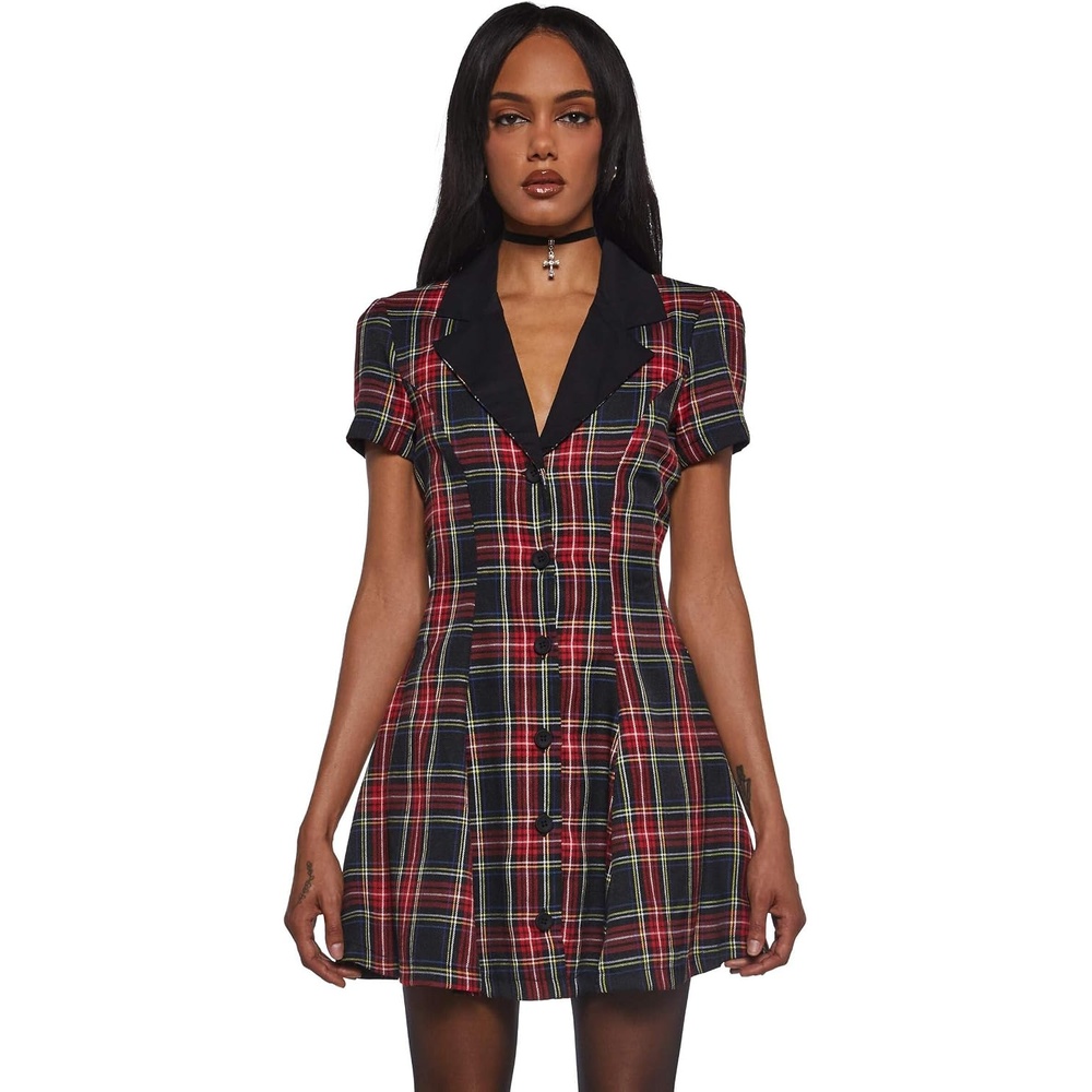 image:imageDolls Kill Devil You Dont Exist Plaid Dress by Current Mood Fit amp Flare Plaid Dress with Notched Lapel for Grunge FashionBlack