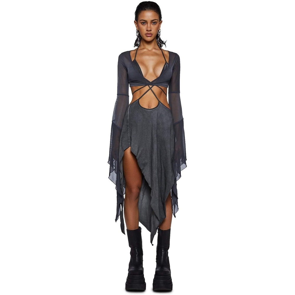 image:imageDolls Kill Echo Asymmetrical Mesh Wrap Dress by Darker WAVS  SemiSheer Wrap Dress with Chiffon Panels Bell Sleeves and Tie FrontDark Gray