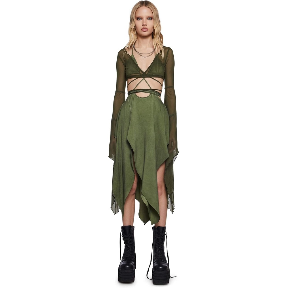 image:imageDolls Kill Echo Asymmetrical Mesh Wrap Dress by Darker WAVS SemiSheer Wrap Dress with Chiffon Panels Bell Sleeves and Tie FrontGreen