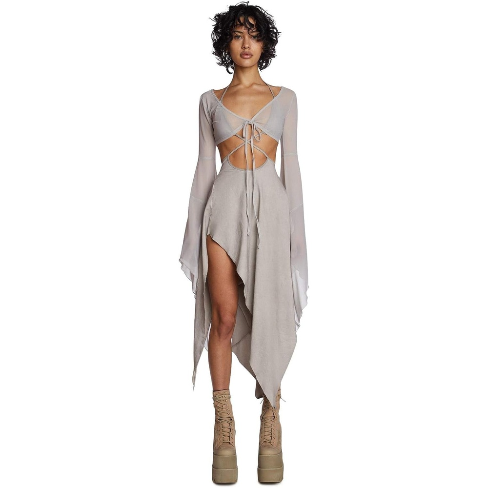 image:imageDolls Kill Echo Asymmetrical Mesh Wrap Dress by Darker WAVS SemiSheer Wrap Dress with Chiffon Panels Bell Sleeves and Tie FrontOffwhite