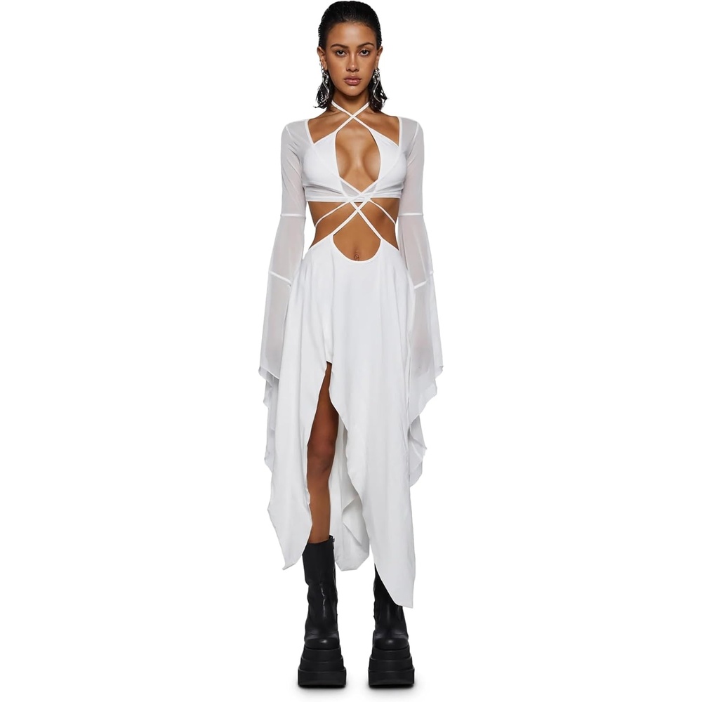 image:imageDolls Kill Echo Asymmetrical Mesh Wrap Dress by Darker WAVS SemiSheer Wrap Dress with Chiffon Panels Bell Sleeves and Tie FrontWhite