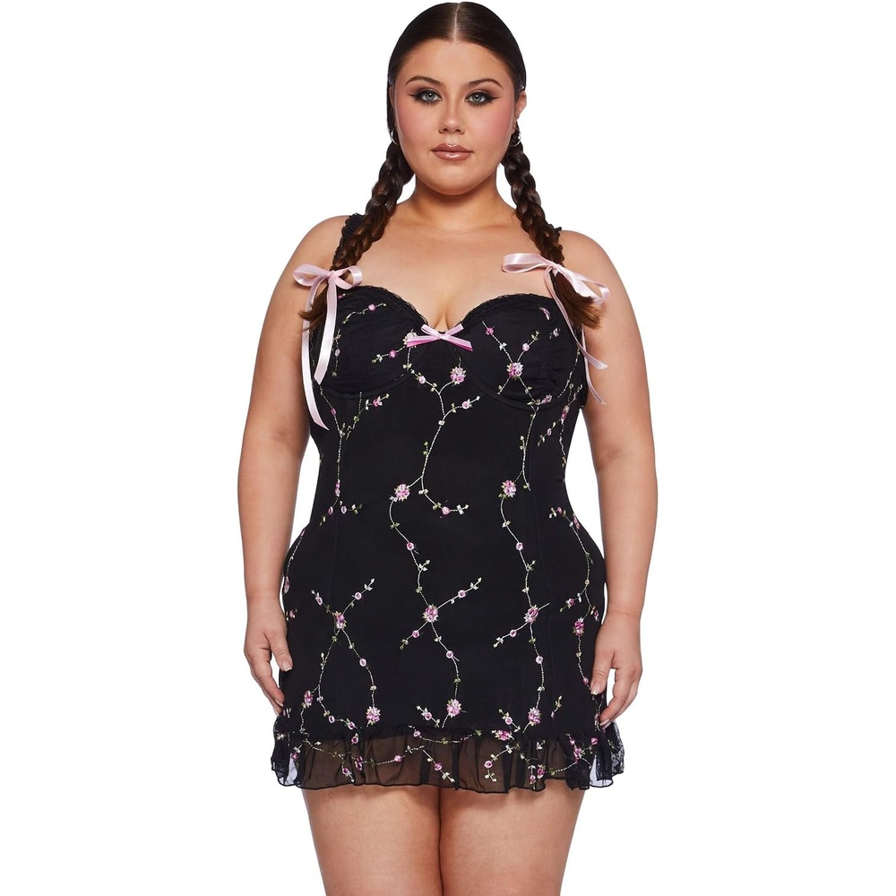 image:imageDolls Kill Im Baby Mini Slip Dress by Sugar Thrillz  Mesh Dress with Ruffle Hem and Embroidered FlowersBlack