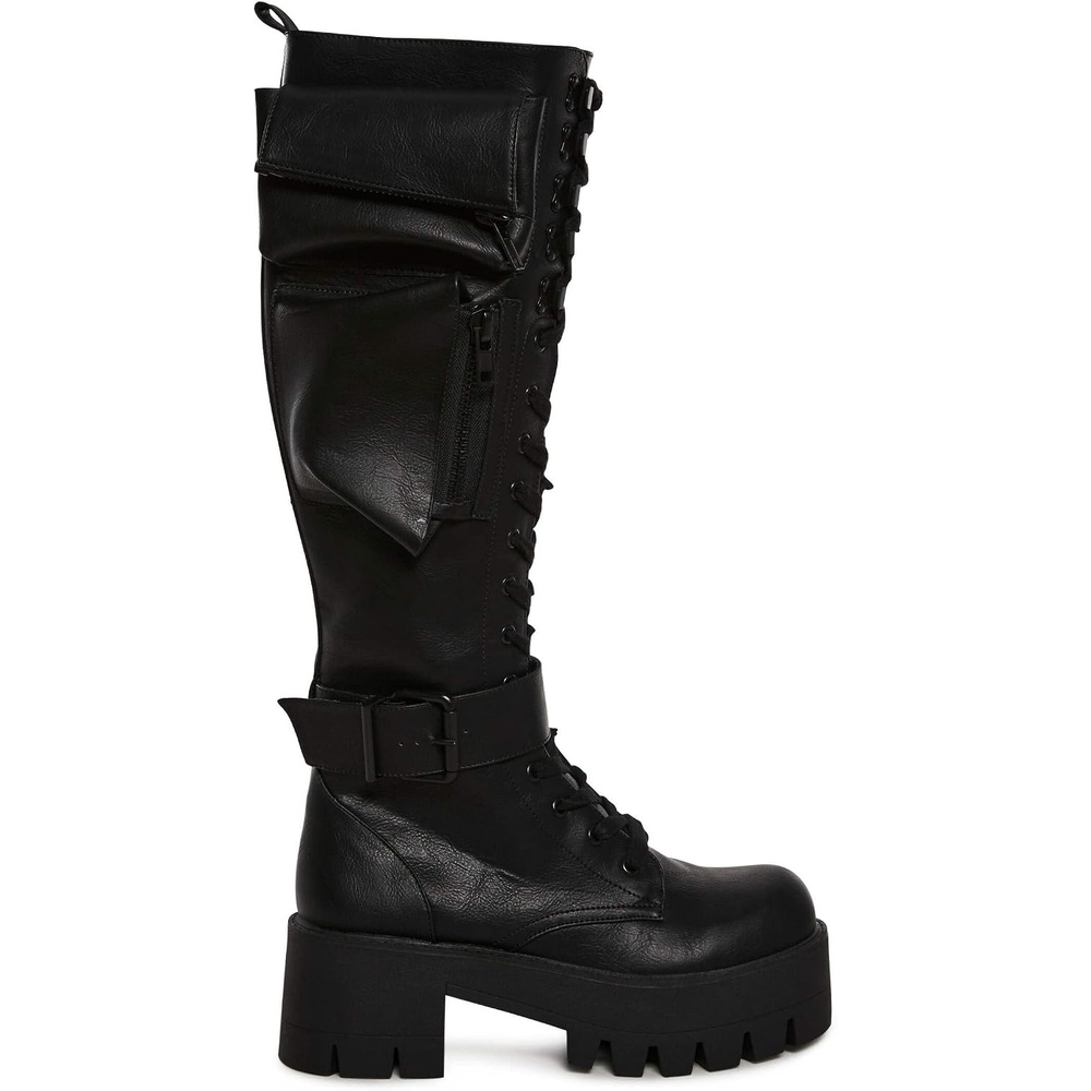 image:imageDolls Kill Obsidian Pocket Combat Boots by Current Mood Knee High Vegan Leather Combat Boots for Edgy StyleBlack