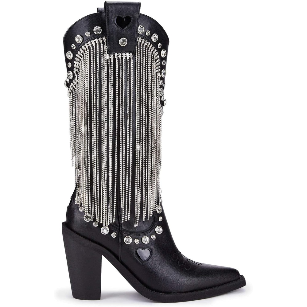 image:imageDolls Kill Present Perfect Cowboy Boots by Sugar Thrillz Vegan Leather Footwear With Rhinestone Fringe and Jewel StudsBlack