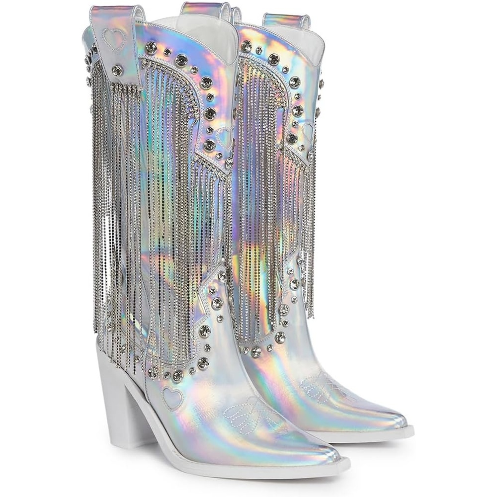image:imageDolls Kill Present Perfect Cowboy Boots by Sugar Thrillz  Vegan Leather Footwear With Rhinestone Fringe and Jewel StudsHolo