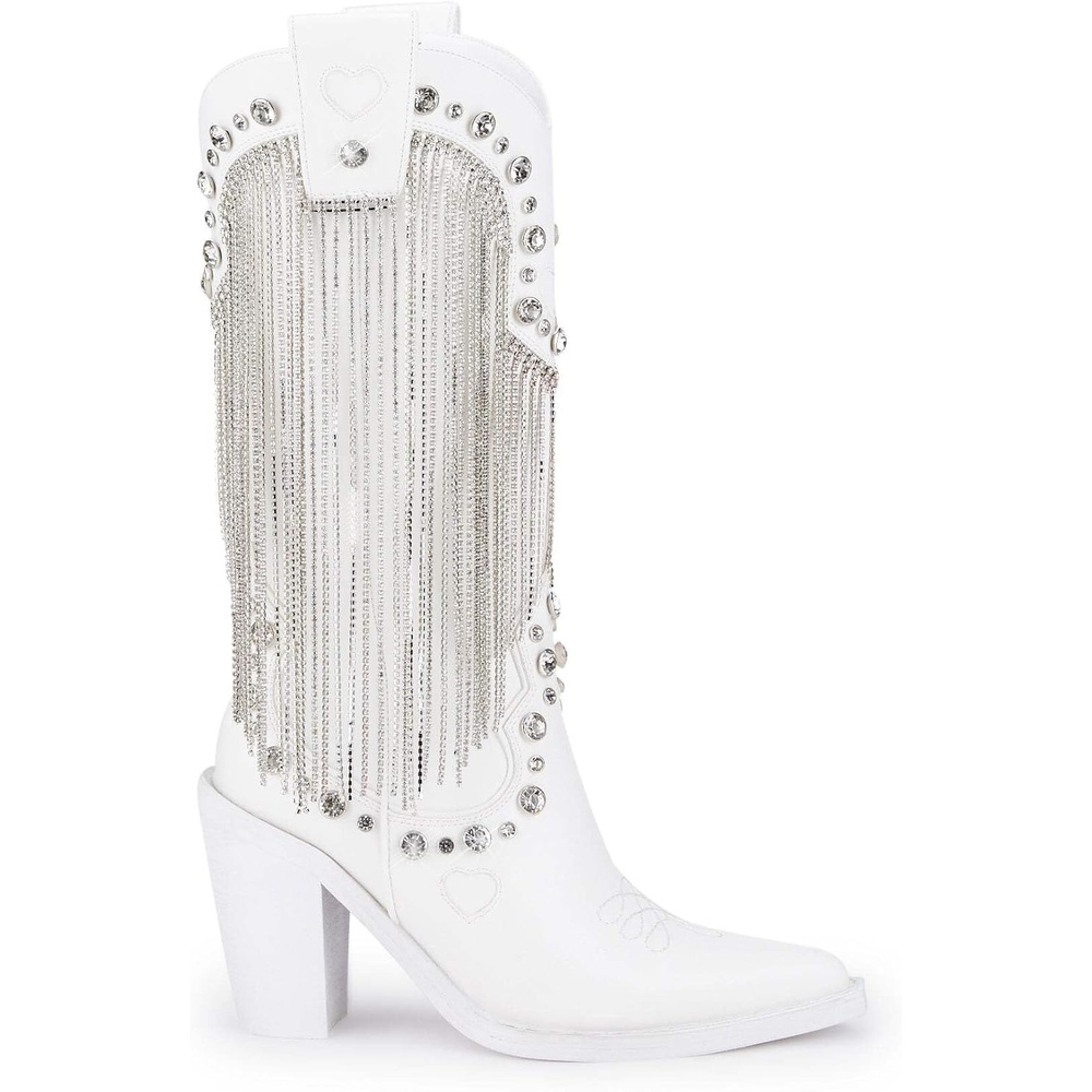 image:imageDolls Kill Present Perfect Cowboy Boots by Sugar Thrillz Vegan Leather Footwear With Rhinestone Fringe and Jewel StudsWhite