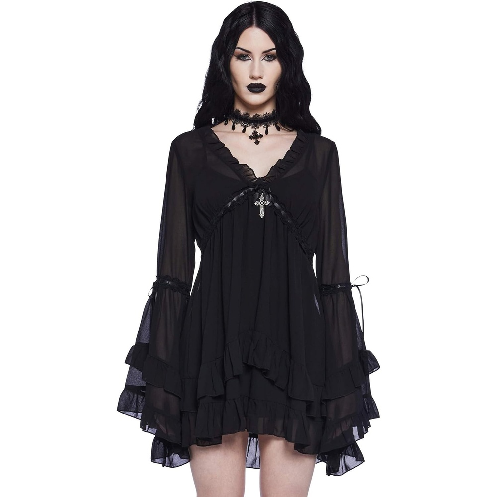 image:imageDolls Kill Real Divinity Mini Dress by Sugar Thrillz Heavenly Chiffon Dress with Tiered Bell Sleeves and Ruffled TrimBlack