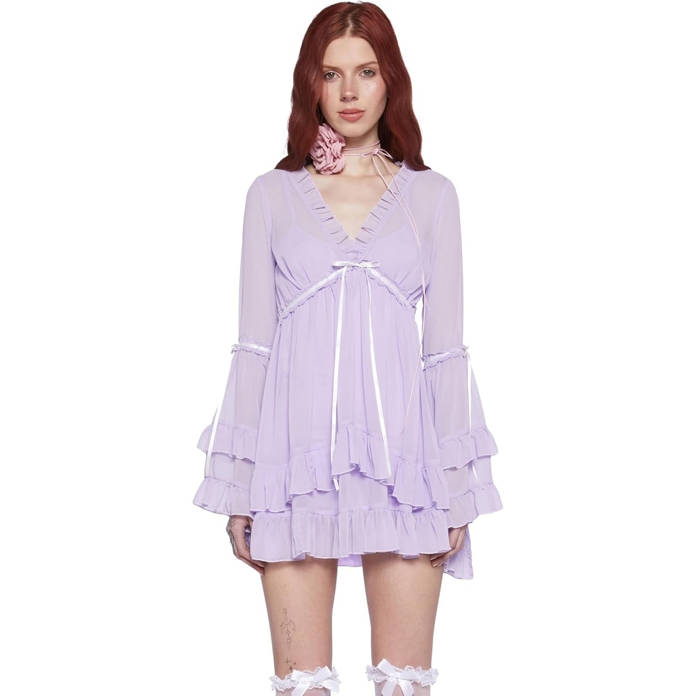 image:imageDolls Kill Real Divinity Mini Dress by Sugar Thrillz Heavenly Chiffon Dress with Tiered Bell Sleeves and Ruffled TrimLavender