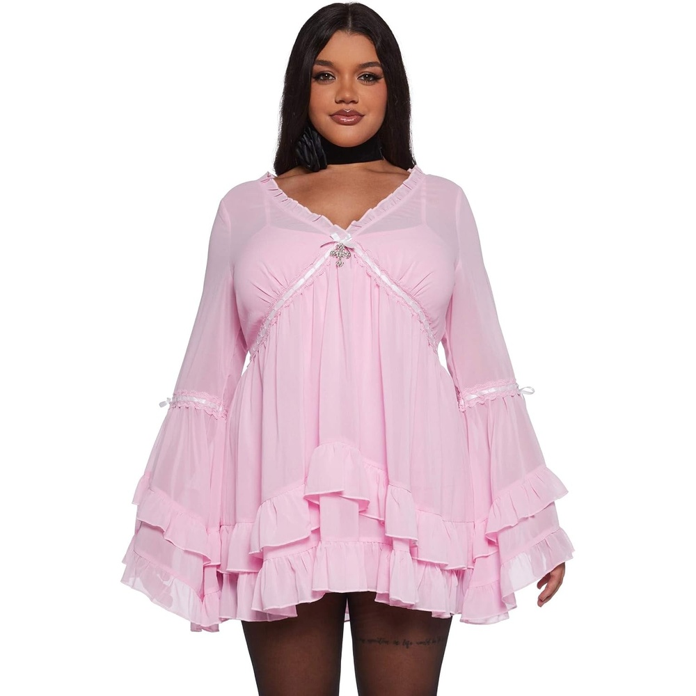image:imageDolls Kill Real Divinity Mini Dress by Sugar Thrillz Heavenly Chiffon Dress with Tiered Bell Sleeves and Ruffled TrimLight Pink