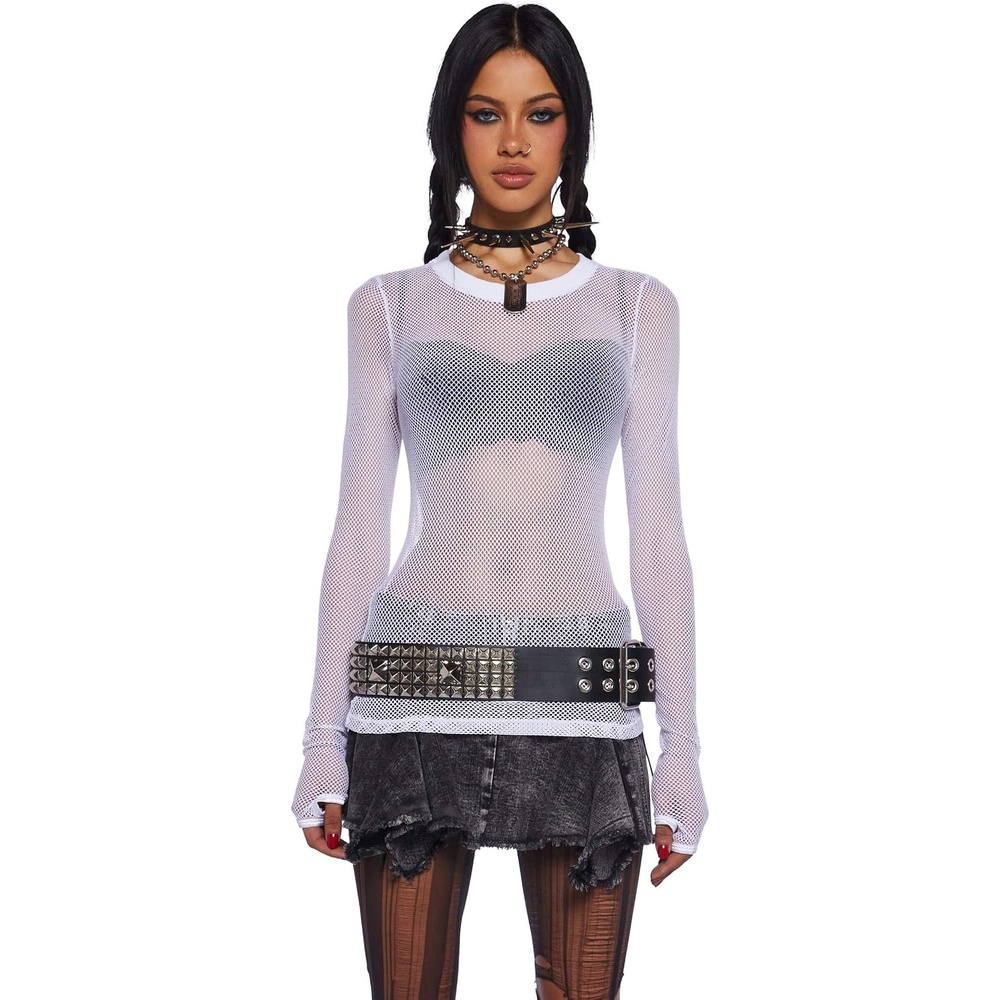 image:imageDolls Kill See Thru Me Fishnet Top by Current Mood Stretchy Long Sleeve Fishnet Top with Thumbhole Cuffs for Edgy FashionWhite