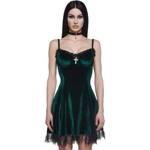 Dolls Kill Blind Faith Velvet Dress by Widow – Velvet Mini Dress with Lace Trim and Cross Design for Dark Romantic Fashion(Green)