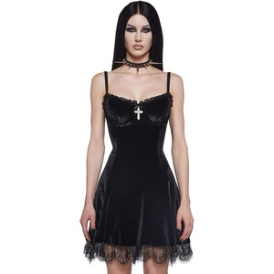 Dolls Kill Blind Faith Velvet Dress by Widow – Velvet Mini Dress with Lace Trim and Cross Design for Dark Romantic Fashion(Midnight)