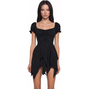 Dolls Kill Chasin’ Rainbows Mini Dress by Current Mood – Stretch Jersey Dress, Asymmetrical Handkerchief Hem for Boho Fashion(Black)