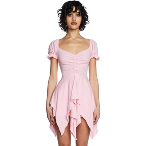 Dolls Kill Chasin’ Rainbows Mini Dress by Current Mood – Stretch Jersey Dress, Asymmetrical Handkerchief Hem for Boho Fashion(Pink)