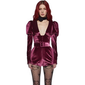 Dolls Kill Chic Manners Velvet Romper by Sugar Thrillz – With Puffy Sleeves and Plunging Neckline for Vintage Glam Fashion(Pink)