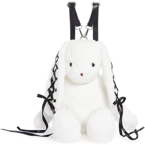 Dolls Kill Cuddly Bunny Plush Backpack by Current Mood | Faux Fur Bunny Design with Lace-Up Ribbon Ears and Adjustable Straps(White)