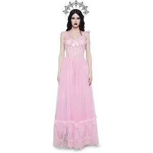 Dolls Kill Dance with Death Maxi Dress by Widow – Sheer Mesh Dress Perfect for Whimsy Goth Fashion(Pink)