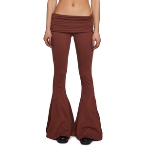 Dolls Kill Dew Morning Flare Pants by Current Mood – Ruched Jersey, Foldover Waistline, Low Rise Fit with Flared Leg(Brown)