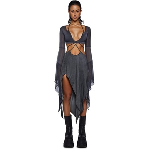 Dolls Kill Echo Asymmetrical Mesh Wrap Dress by Darker WAVS | Semi-Sheer Wrap Dress with Chiffon Panels, Bell Sleeves, and Tie Front(Dark Gray)