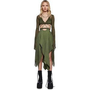 Dolls Kill Echo Asymmetrical Mesh Wrap Dress by Darker WAVS | Semi-Sheer Wrap Dress with Chiffon Panels, Bell Sleeves, and Tie Front(Green)