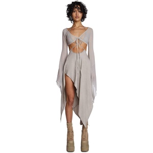Dolls Kill Echo Asymmetrical Mesh Wrap Dress by Darker WAVS | Semi-Sheer Wrap Dress with Chiffon Panels, Bell Sleeves, and Tie Front(Off-white)