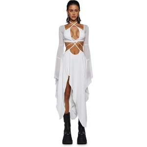 Dolls Kill Echo Asymmetrical Mesh Wrap Dress by Darker WAVS | Semi-Sheer Wrap Dress with Chiffon Panels, Bell Sleeves, and Tie Front(White)