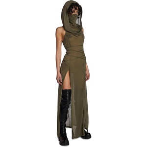 Dolls Kill Echo Hooded Slit Maxi Dress by Darker WAVS – Semi-Sheer Marled Jersey Dress with Draped Hood for Edgy Fashion – Green, Small(XX-Large)