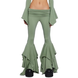 Dolls Kill F is for Fairies Flare Pants by Current Mood – Foldover Waist with Wide Leg and Handkerchief Design(Sage)