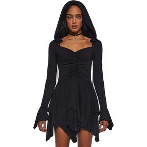 Dolls Kill F is for Fairies Hooded Mini Dress by Current Mood – Fabric Dress with Hoodie for Fairycore Fashion(Black)