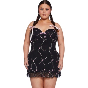 Dolls Kill I’m Baby Mini Slip Dress by Sugar Thrillz – Mesh Dress with Ruffle Hem and Embroidered Flowers(Black)