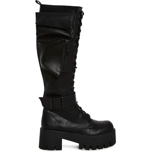 Dolls Kill Obsidian Pocket Combat Boots by Current Mood – Knee High Vegan Leather Combat Boots for Edgy Style(Black)