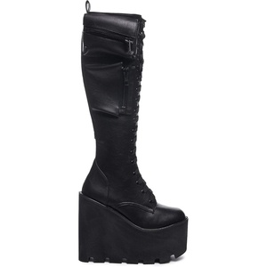 Dolls Kill Obsidian Pocket Platform Boots by Current Mood | Knee-High Grunge Boots with Platform Sole, Lace-Up Front, and Zip Pockets(Black)