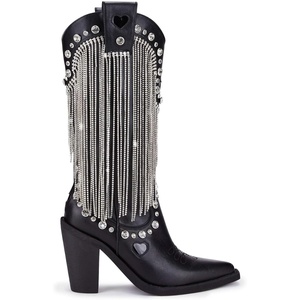 Dolls Kill Present Perfect Cowboy Boots by Sugar Thrillz – Vegan Leather Footwear With Rhinestone Fringe and Jewel Studs(Black)