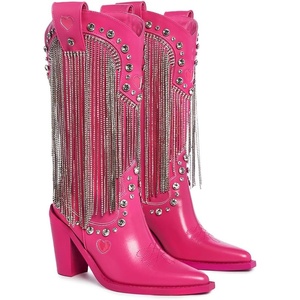 Dolls Kill Present Perfect Cowboy Boots by Sugar Thrillz – Vegan Leather Footwear With Rhinestone Fringe and Jewel Studs(Dark Pink)