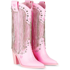 Dolls Kill Present Perfect Cowboy Boots by Sugar Thrillz – Vegan Leather Footwear With Rhinestone Fringe and Jewel Studs(Light Pink)